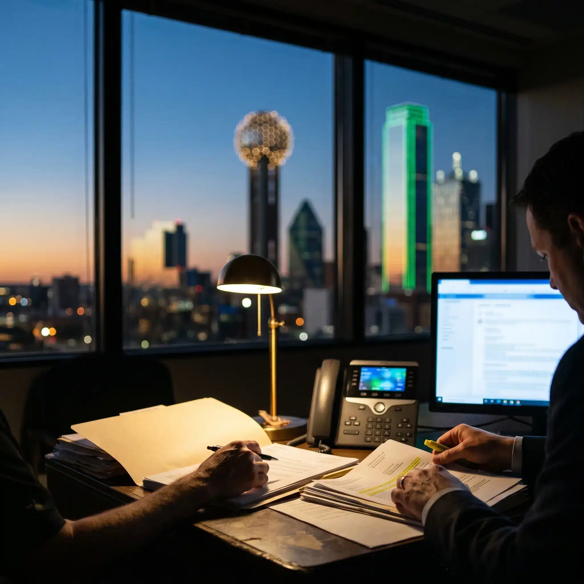 J. Alexander Law Firm truck accident attorneys working together against the Dallas skyline