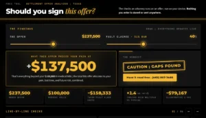Free Texas settlement offer analyzer showing a verdict stamp and pain and suffering math for a car accident offer