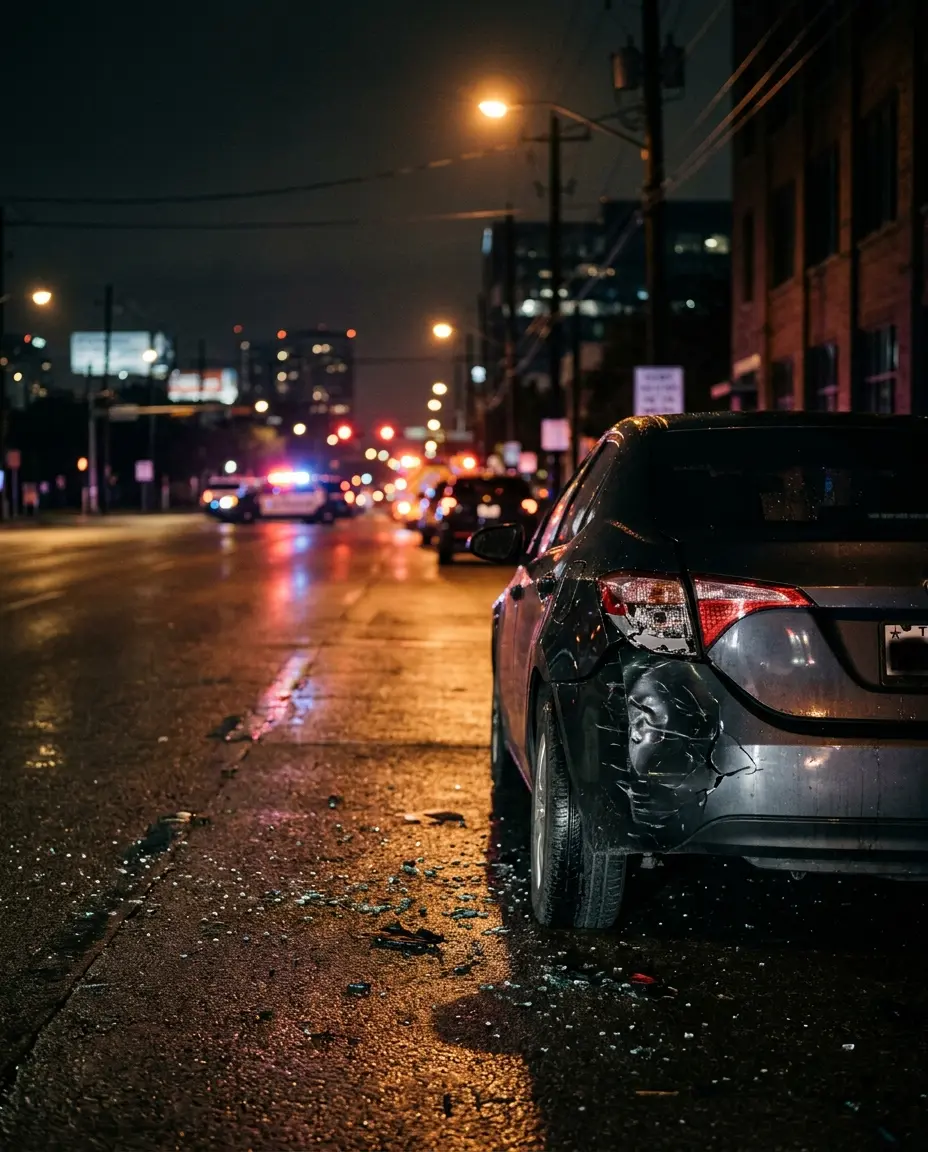 Damaged rear of a vehicle at a Texas crash scene after the other driver left