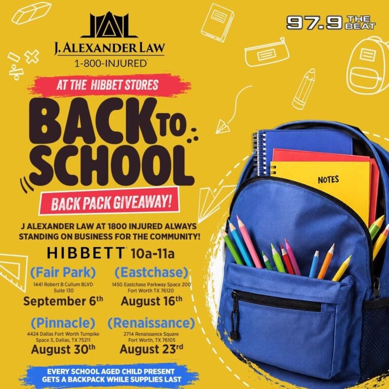 A yellow flyer for the J.&nbsp;Alexander Law back to school backpack giveaway at Hibbett stores with 97.9 The Beat, with 1-800-INJURED under the firm&rsquo;s logo