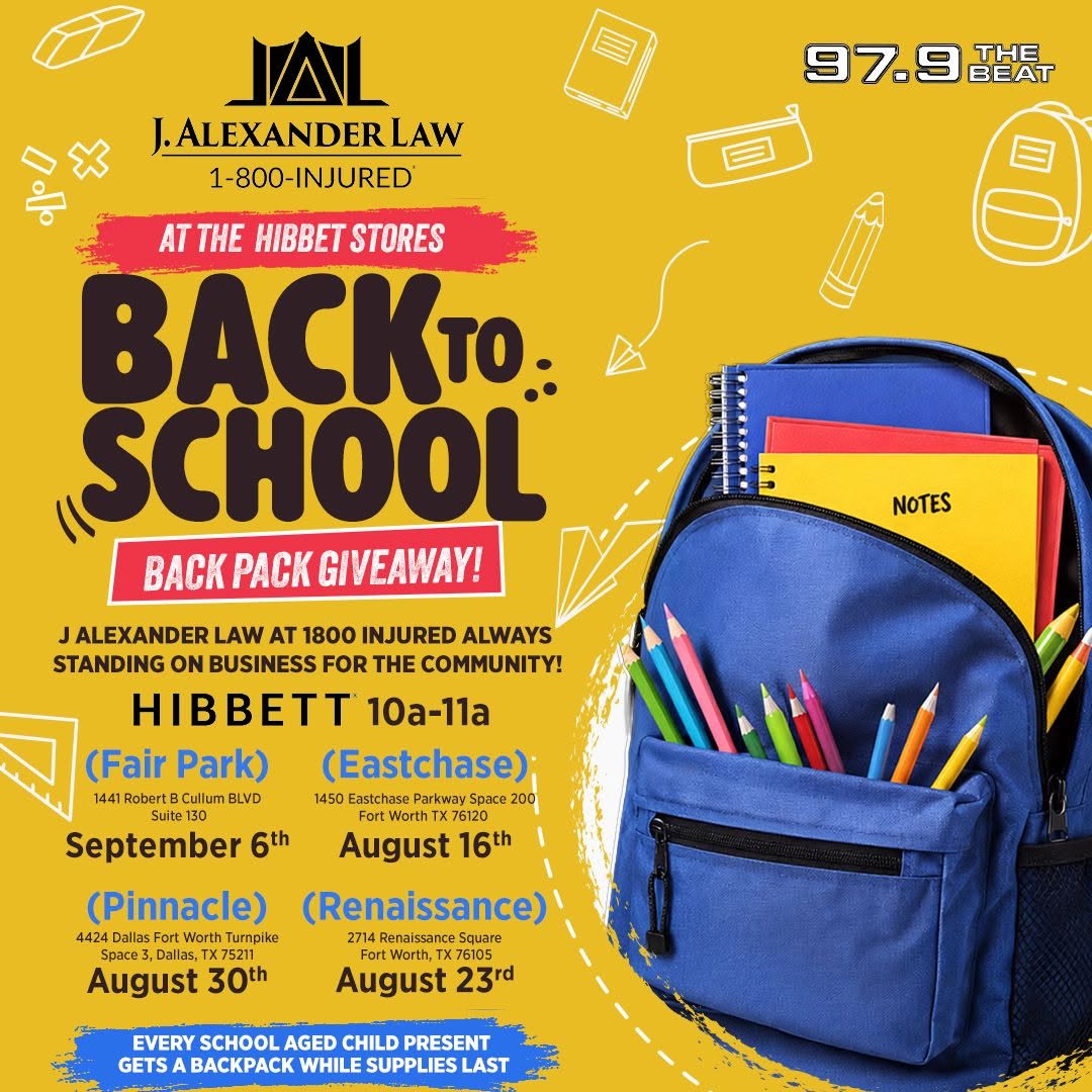 J. Alexander Law back to school backpack giveaway flyer listing all four Hibbett store dates and addresses