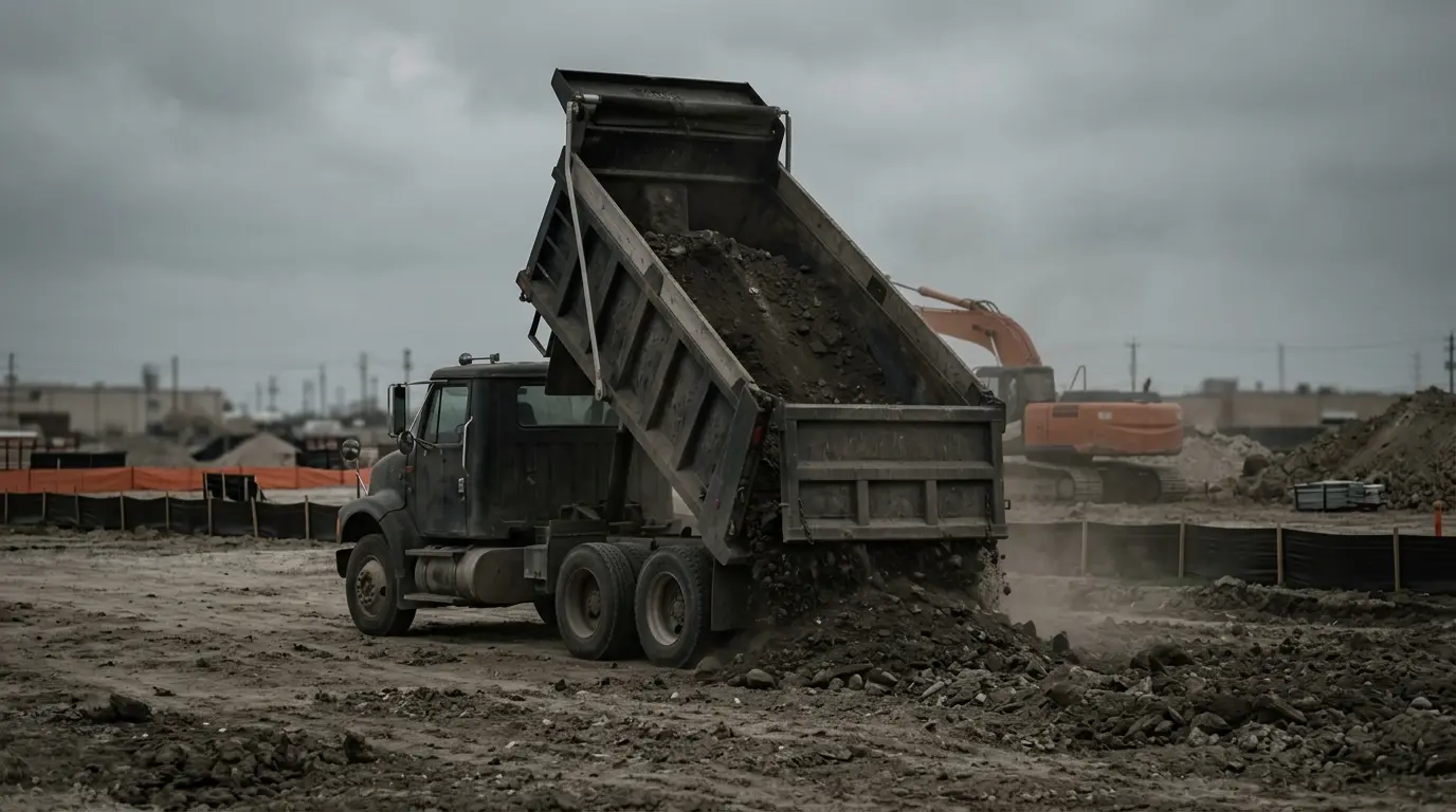 Dump truck with its bed raised at a Texas jobsite