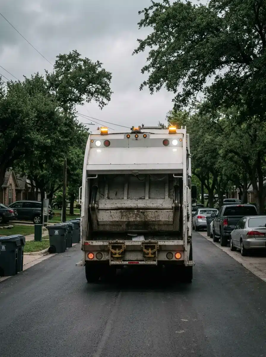 Parte trasera de un camión de basura que retrocede por una calle residencial estrecha