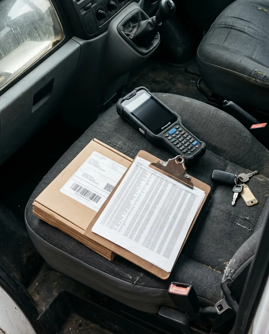 A handheld route scanner and delivery manifest on a work van seat, the records that tie a trip to the job
