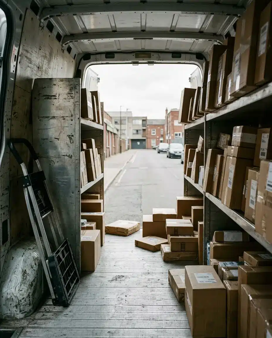 The cargo bay of a delivery van packed with parcels