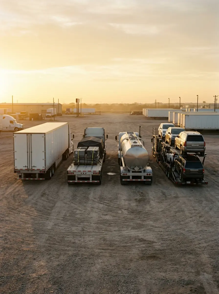 Remolques de carga seca, de plataforma, cisterna y para el transporte de automóviles estacionados juntos en un patio de carga de Texas