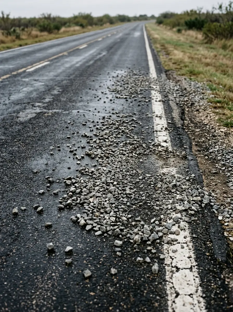 Loose gravel spilled across a Texas roadway after material escaped a truck bed