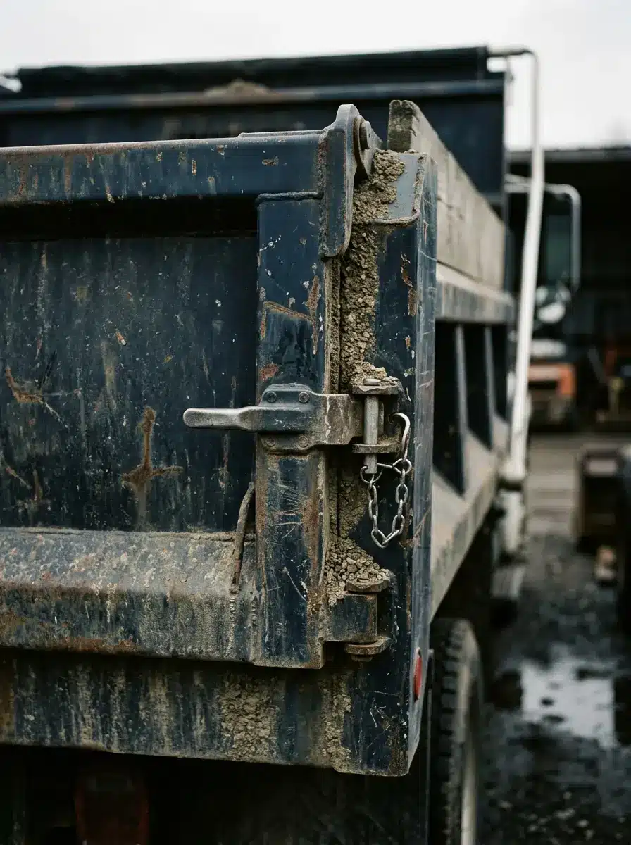 Rear tailgate and latch hardware on a dump truck bed