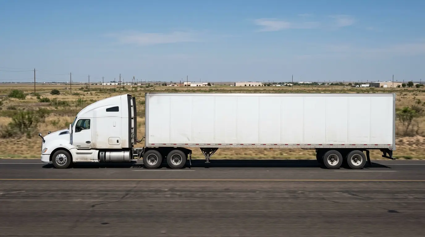 Loaded five axle tractor trailer in side profile showing the steer axle, drive axles and trailer tandems