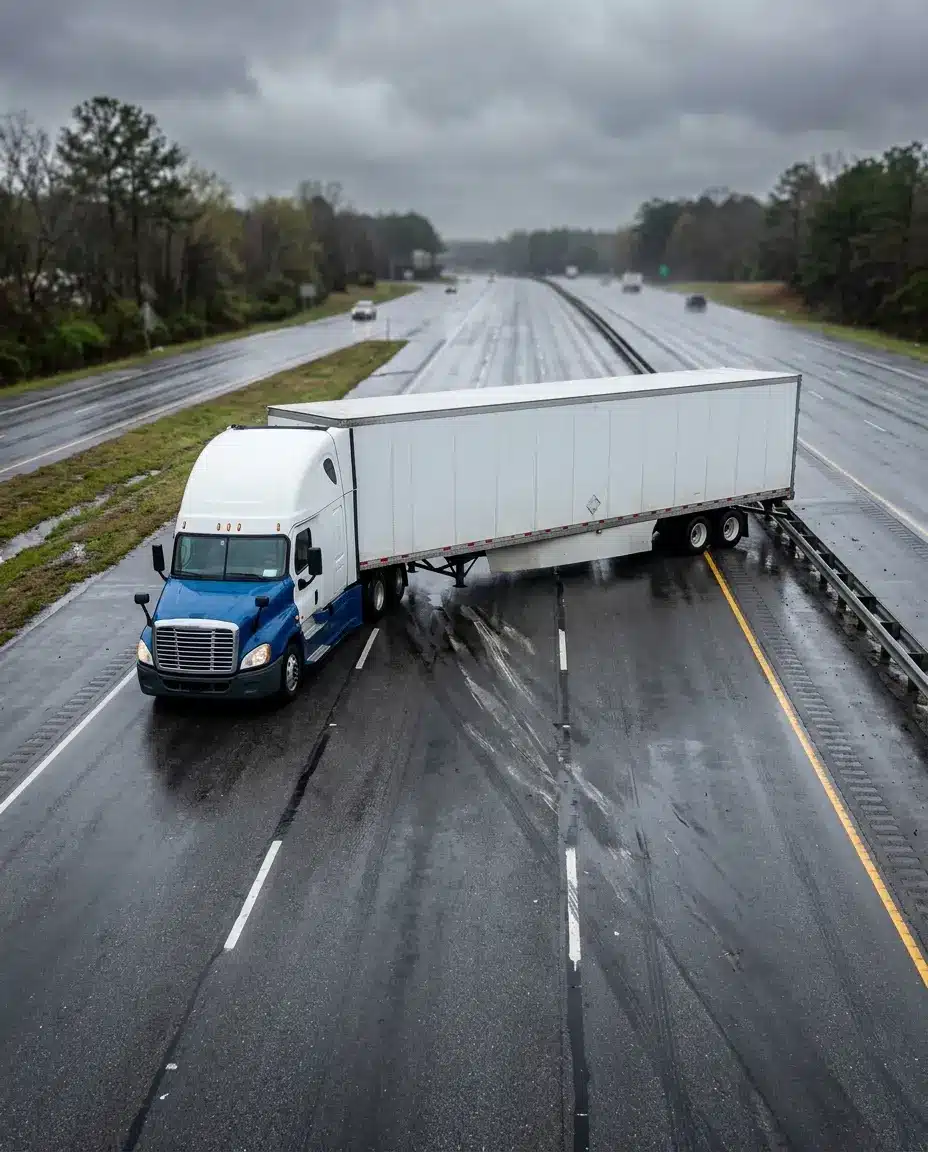 Jackknifed tractor trailer folded at the fifth wheel with the trailer angled across two highway lanes