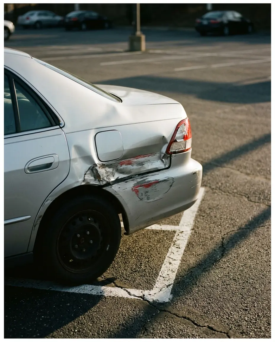 A silver sedan with a dented and scraped rear quarter panel and red paint transfer, parked in a marked lot space