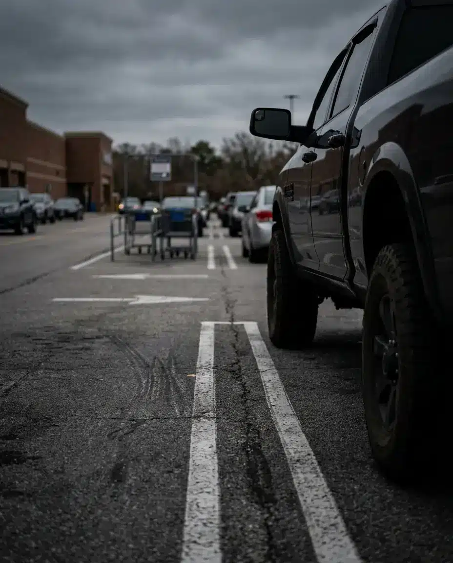 A tall pickup parked beside a lot lane, blocking the view down the row toward a storefront