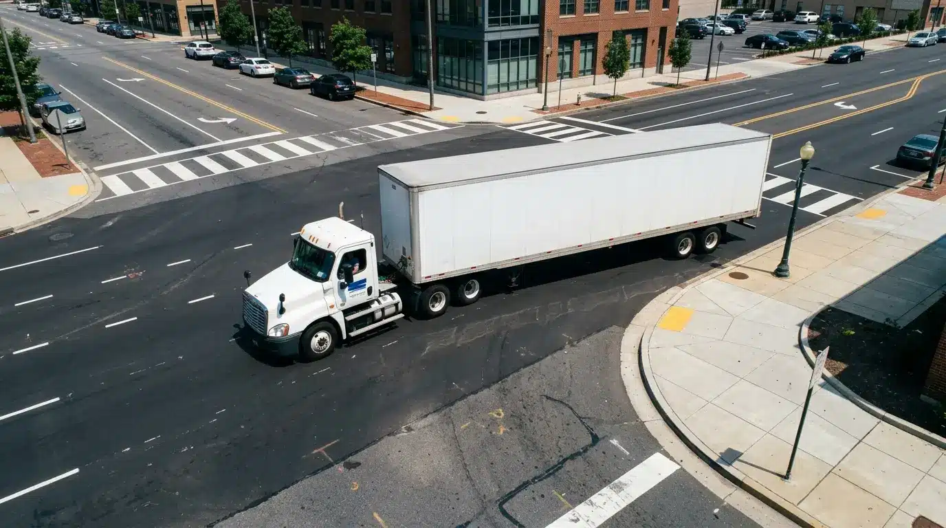 Tractor trailer swinging left to begin a right turn, leaving an open gap along the trailer's right side