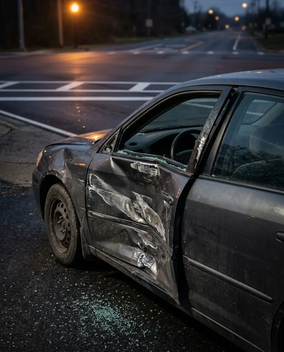 Crushed driver's door and B pillar on a sedan after a T bone collision at a Texas intersection
