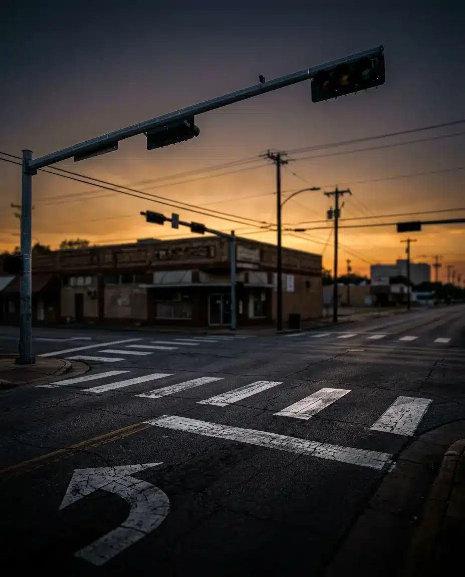 A Texas intersection with a traffic signal and crossing paths where broadside collisions happen