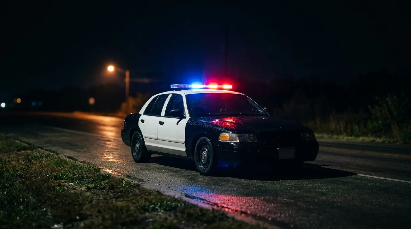 A Texas police patrol car with its emergency lights running