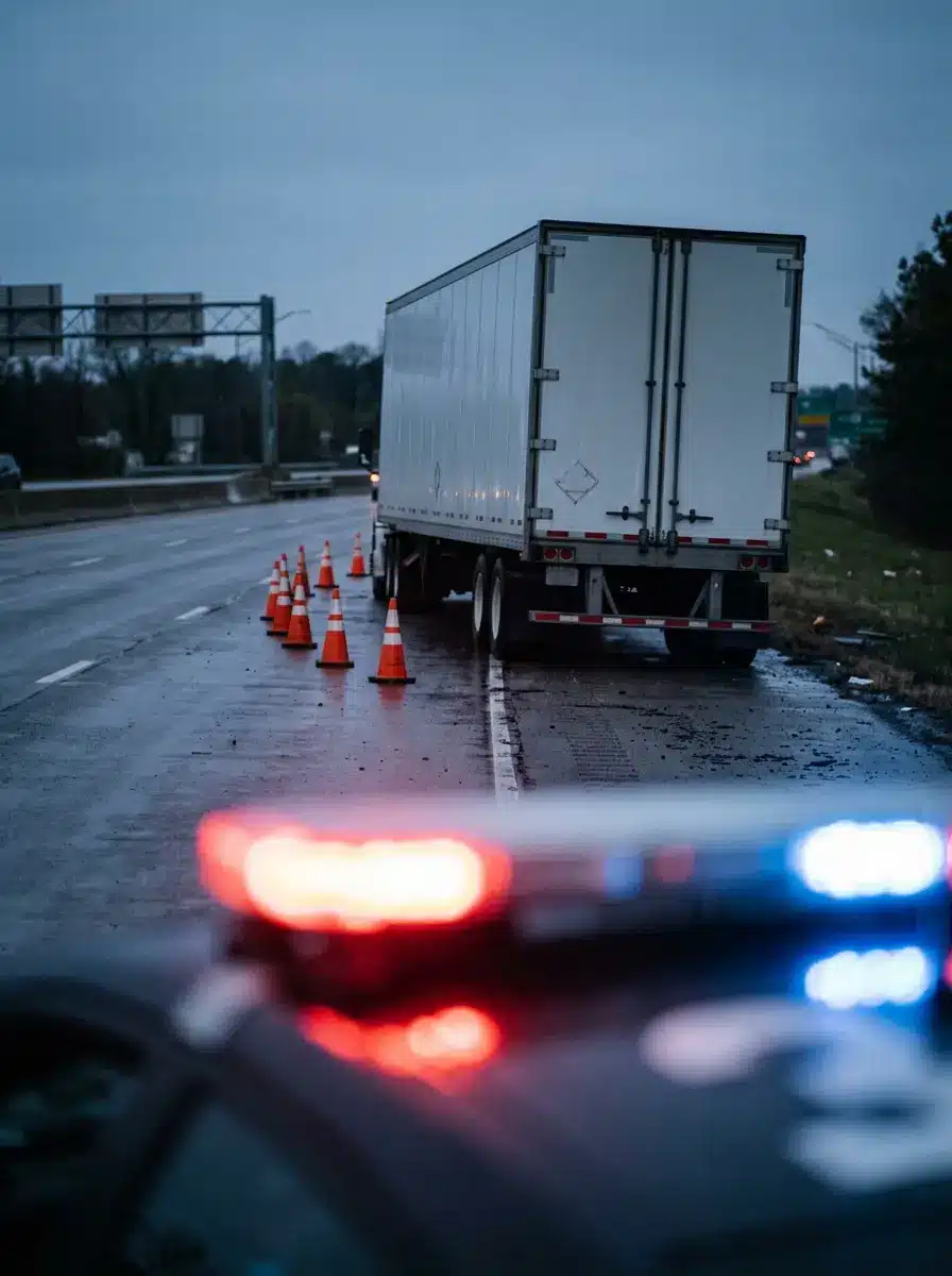 Roadside scene after a commercial truck crash, where the crash report information is recorded