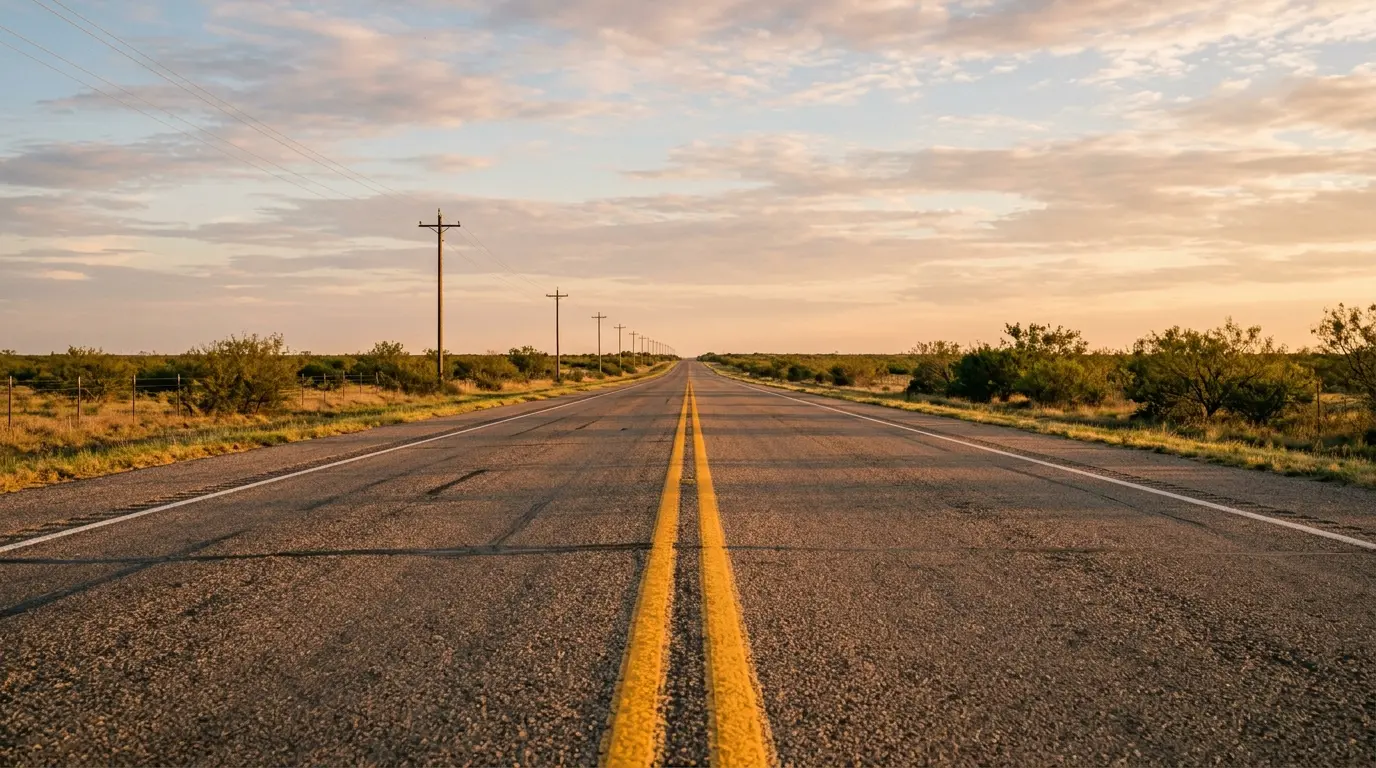 Una carretera de dos carriles en Texas con una línea central pintada