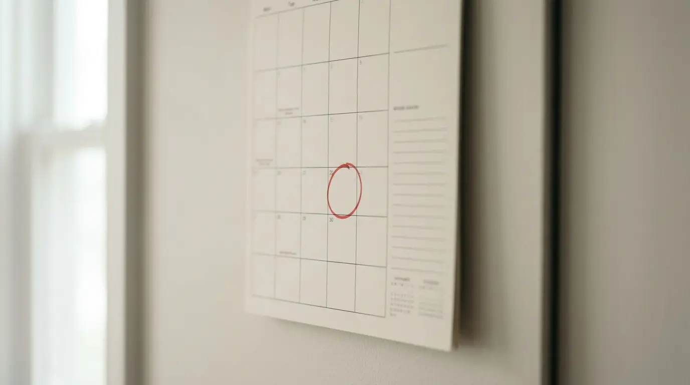 A wall calendar with a date circled in red