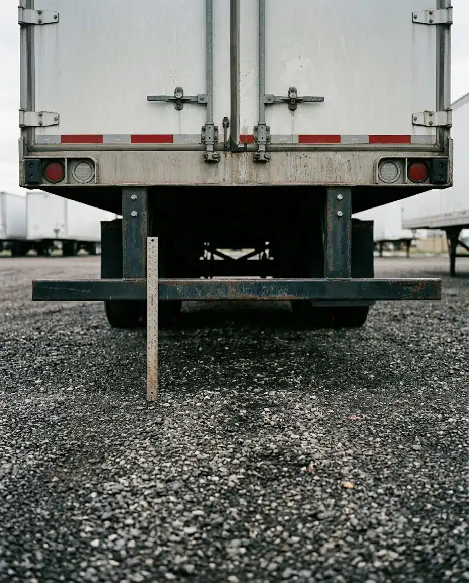 Se está midiendo la altura sobre la superficie de la carretera de la protección trasera contra empotramiento de un semirremolque estacionado