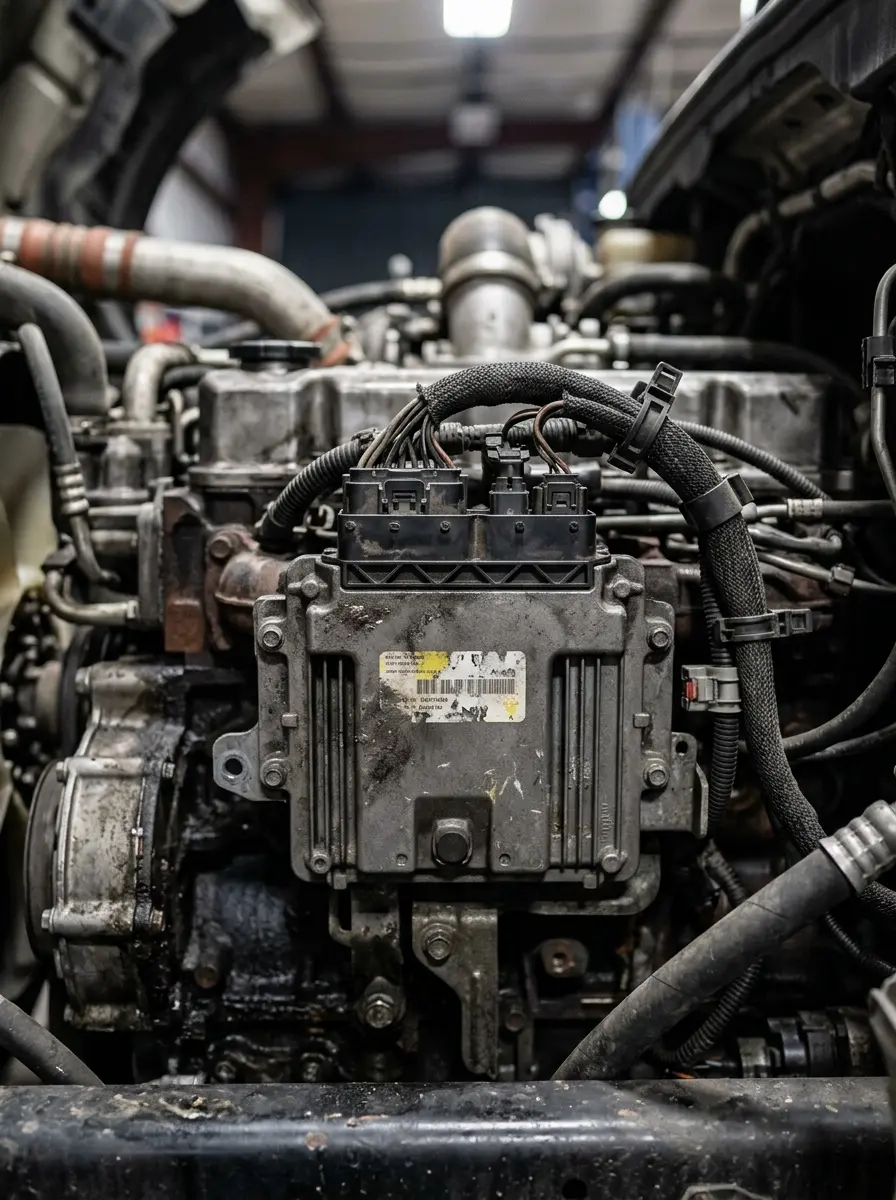 Módulo de control del motor instalado en el compartimento del motor de un camión; la unidad que registra los datos de velocidad y frenado
