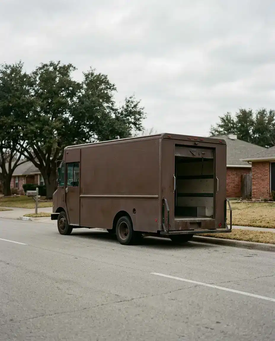 Brown delivery step van parked on a residential street in Texas