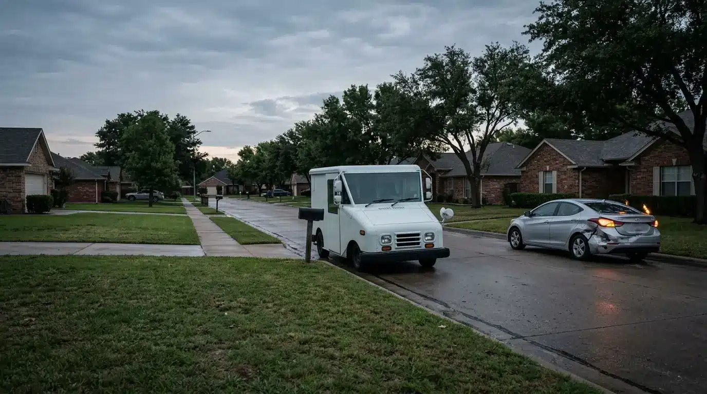 Camioneta blanca de reparto de correo estacionada en la acera de una calle residencial de Texas