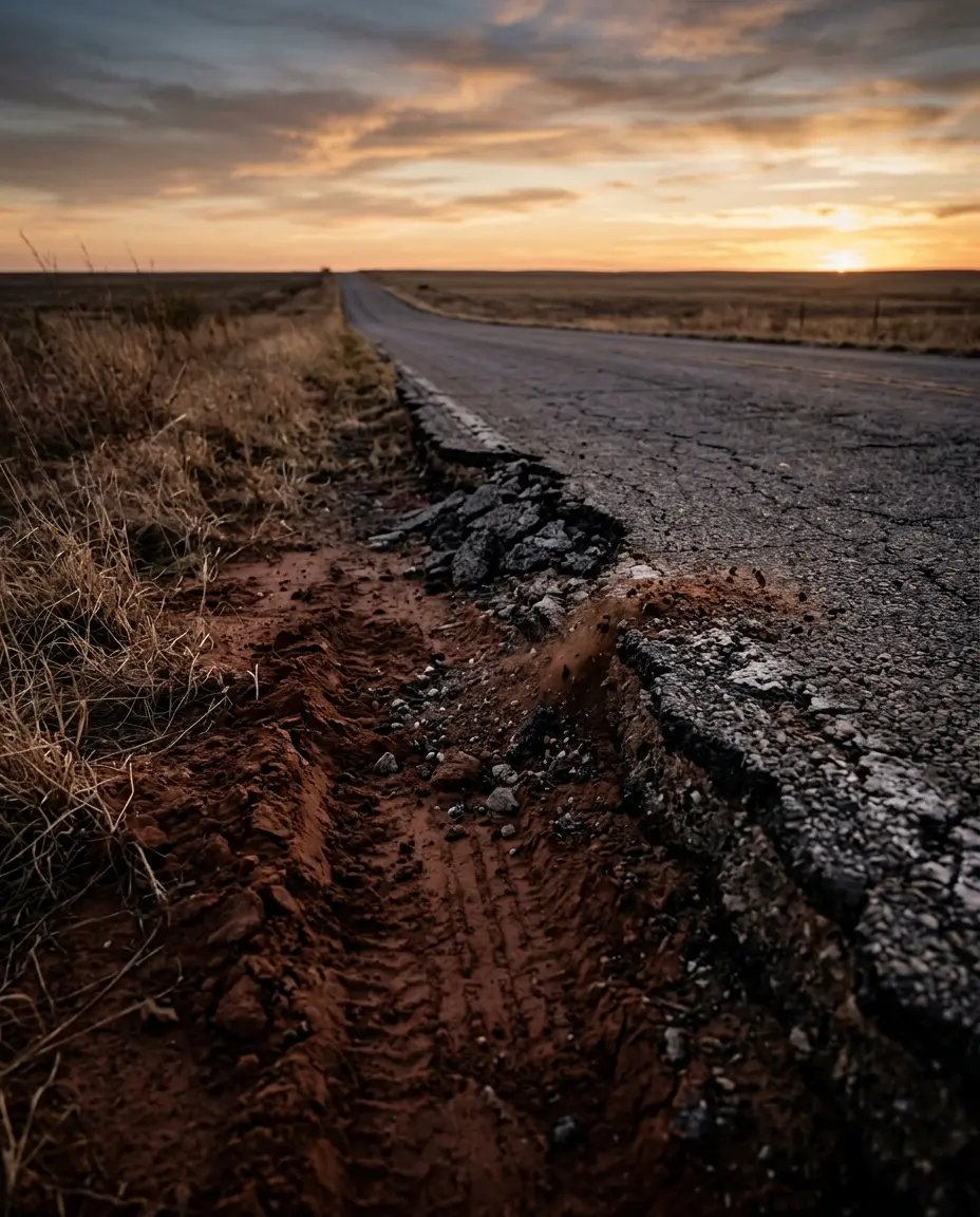 Flattened grass and a deep soil furrow beside a Texas road where a vehicle left the pavement before rolling