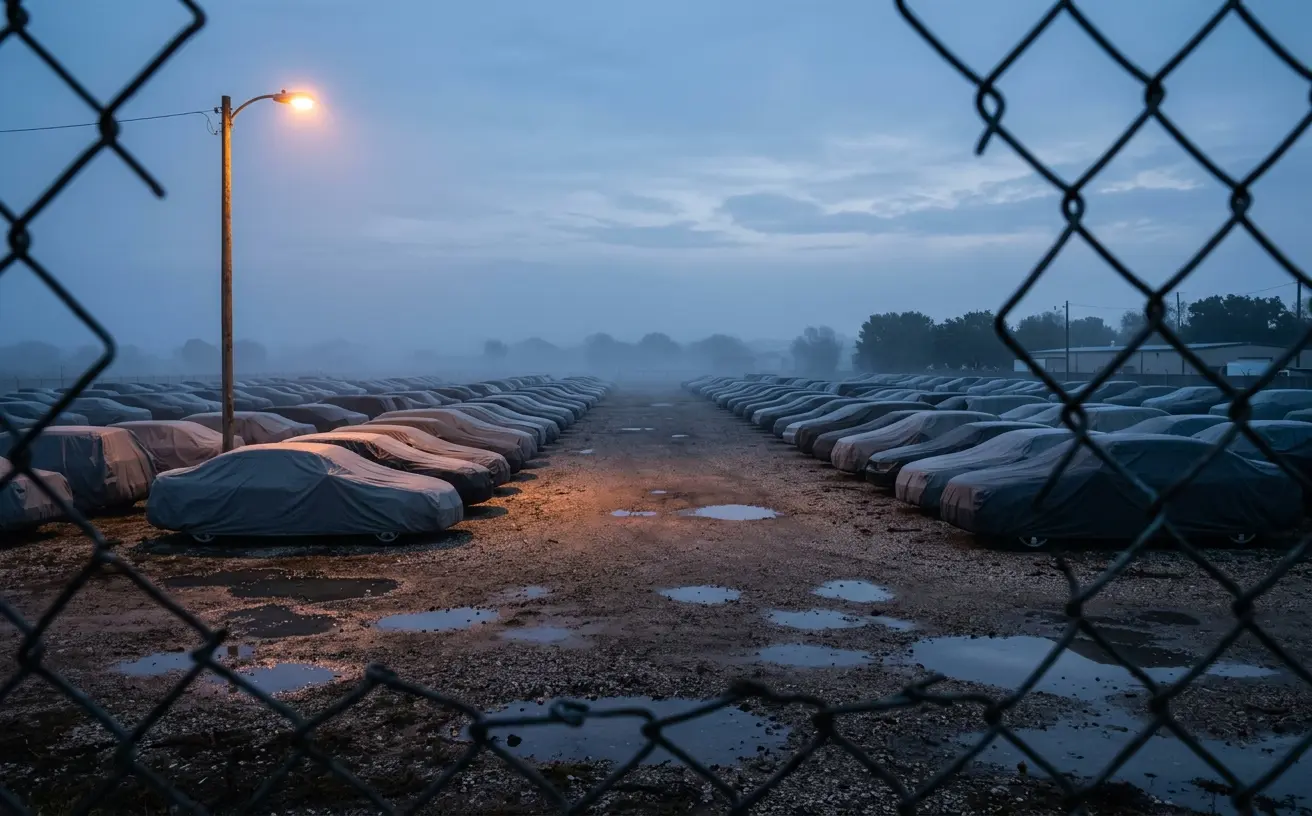 Rows of tarped vehicles in a storage yard at dawn, where a wrecked car waits before the insurer moves it to auction