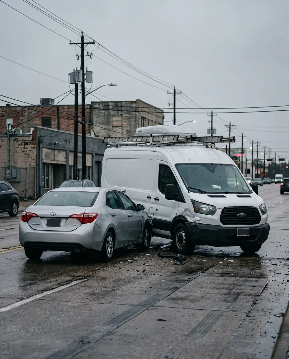 A commercial van and a passenger car stopped after a collision on a Texas street