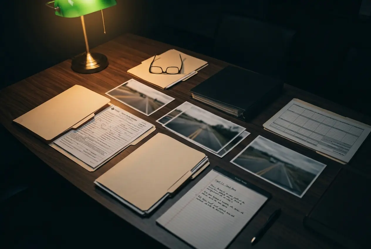 Documentos y fotografías del caso revisados durante una investigación por muerte por negligencia