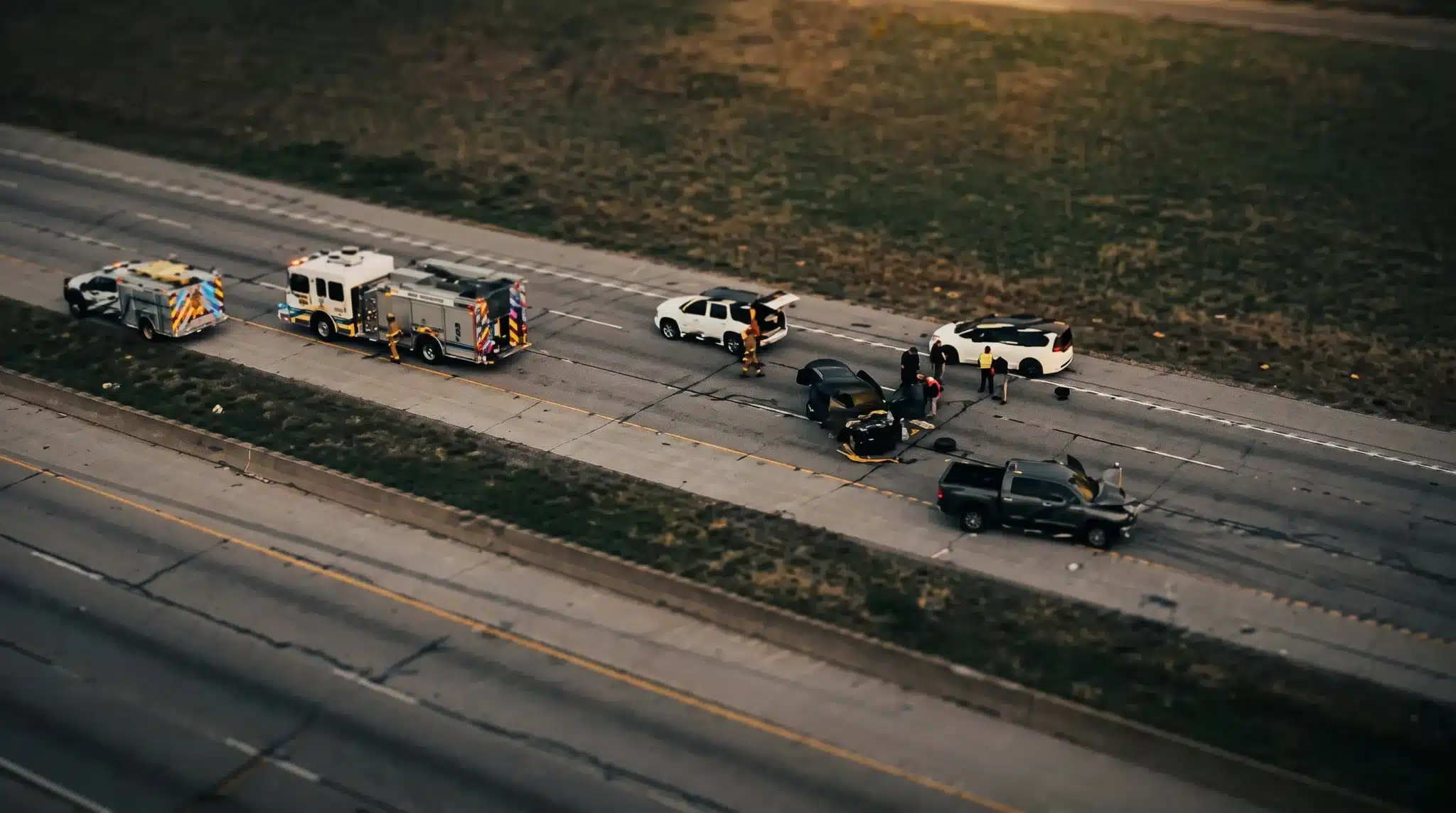 A fire engine and rescue units stopped across the lanes of a divided Texas highway beside several damaged vehicles