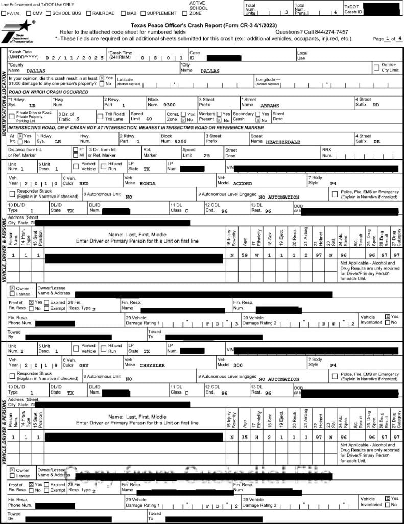 The first page of a redacted Texas Peace Officer&rsquo;s Crash Report, with names and identifying details blacked out