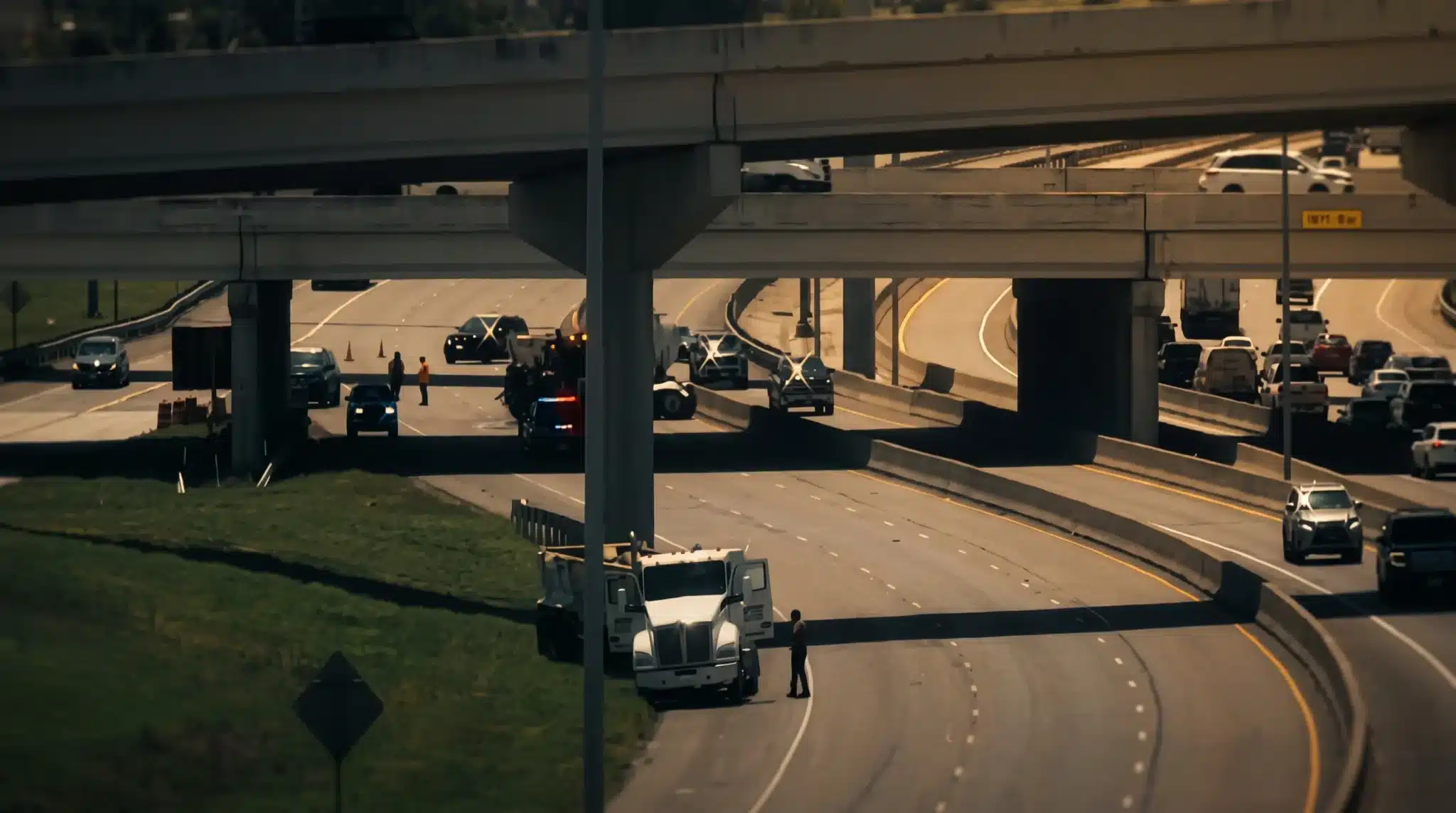 Police units and emergency crews holding closed lanes beneath a multi level Texas freeway interchange while traffic keeps moving on the elevated lanes above