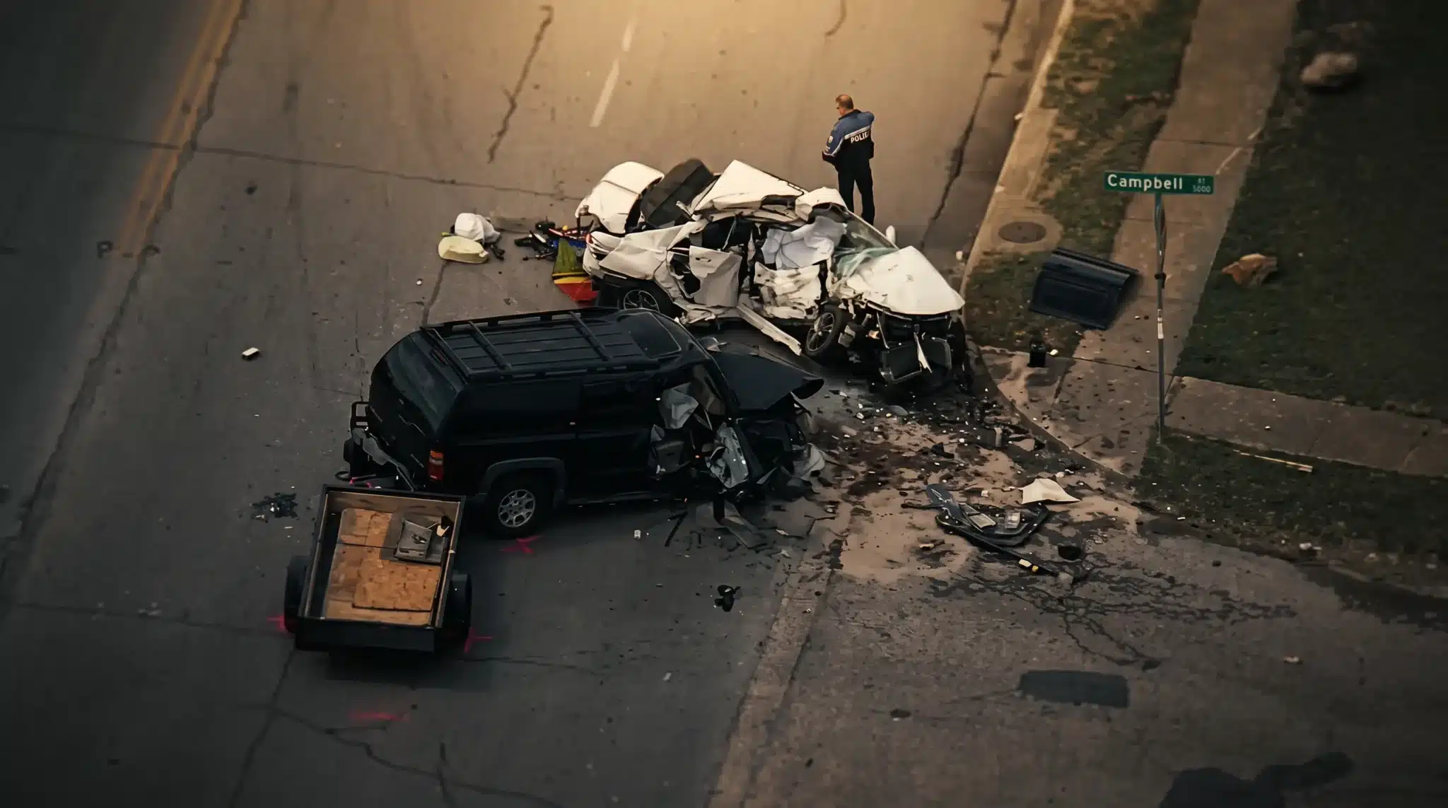 A destroyed car and a damaged SUV towing a small trailer after a collision, debris across the roadway and an officer at the scene
