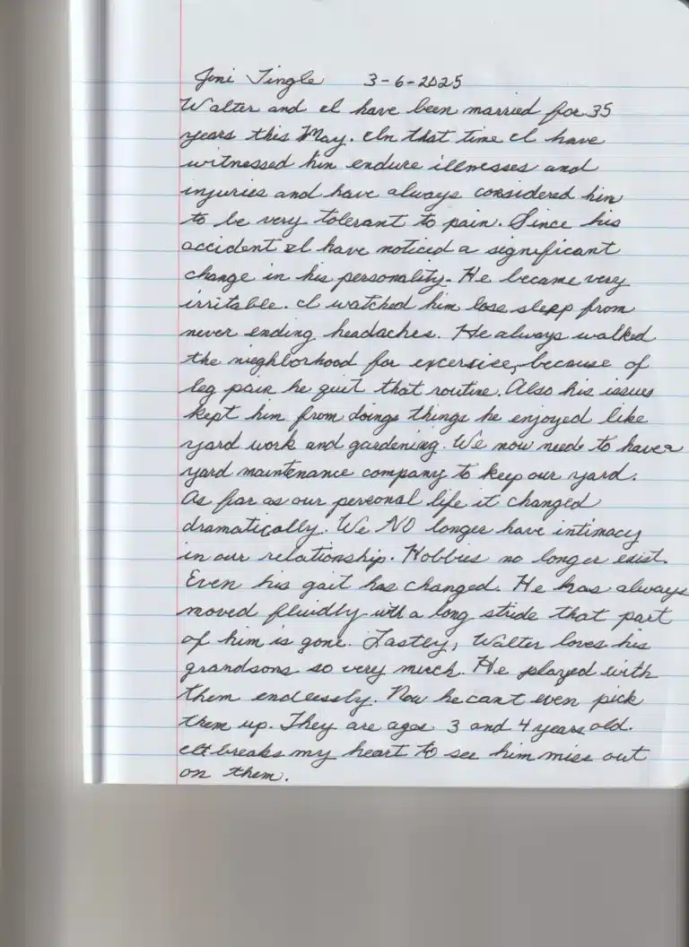 The client's spouse's handwritten impact statement describing the changes she observed after the crash