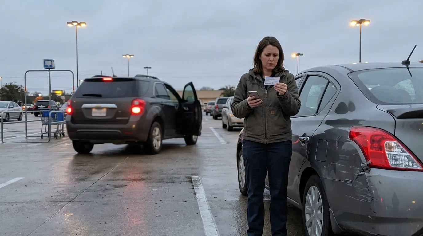Un conductor revisa la información del seguro de otro automovilista junto a un auto dañado en un estacionamiento de Texas, mientras el otro vehículo se aleja del lugar.