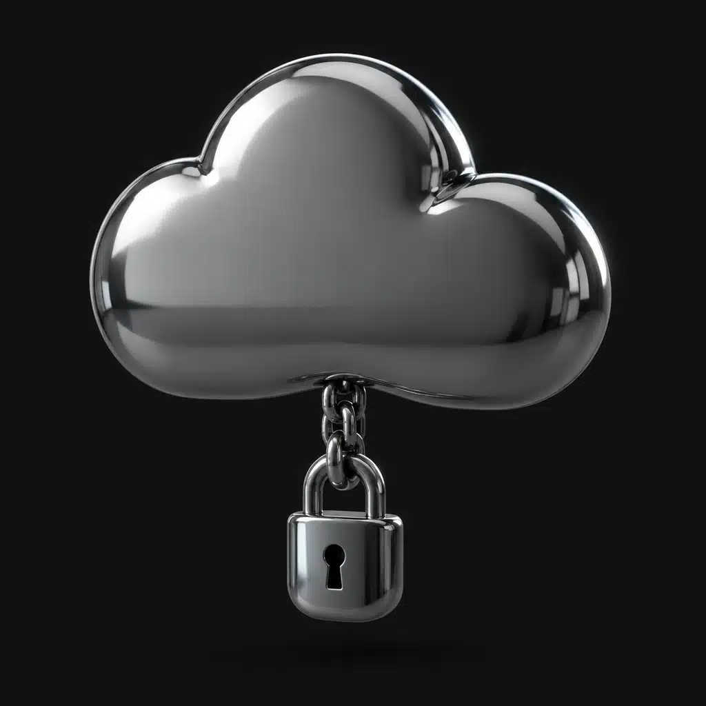 Chrome cloud with a padlock, studio render, illustrative