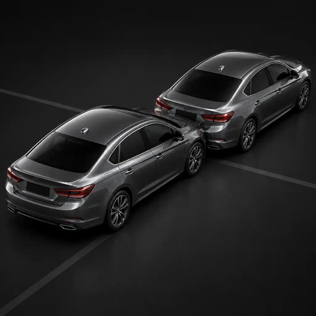 Two sedans, rear end collision at an intersection, studio render, illustrative