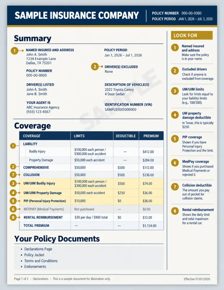 A sample auto insurance declarations page with the uninsured and underinsured motorist, personal injury protection, medical payments, and collision lines marked