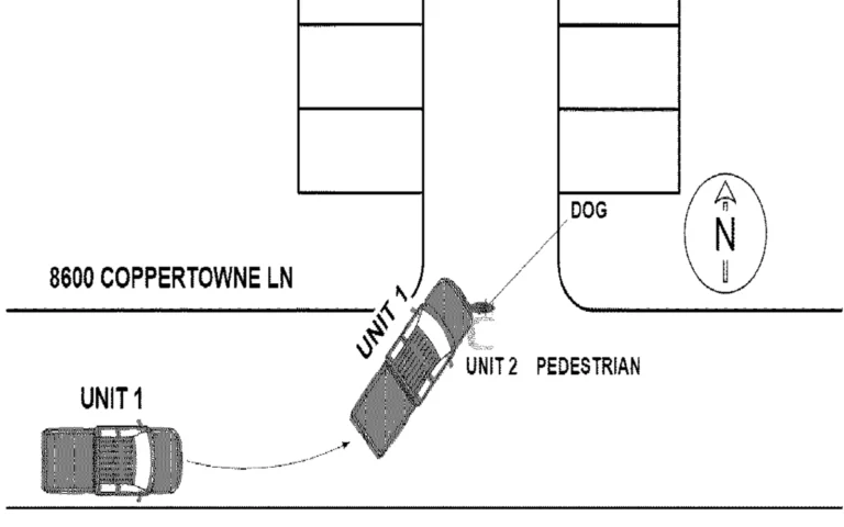 El diagrama del oficial que investig&oacute;: una camioneta en Coppertowne Lane gira a la izquierda hacia la entrada de un estacionamiento, donde est&aacute;n marcadas nuestra clienta y su perro