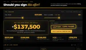 Free Texas settlement offer analyzer showing a verdict stamp and pain and suffering math for a car accident offer