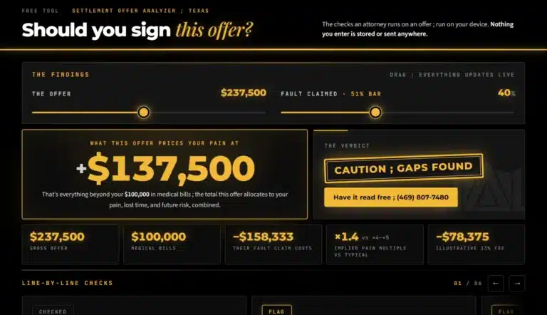 Free Texas settlement offer analyzer showing a verdict stamp and pain and suffering math for a car accident offer